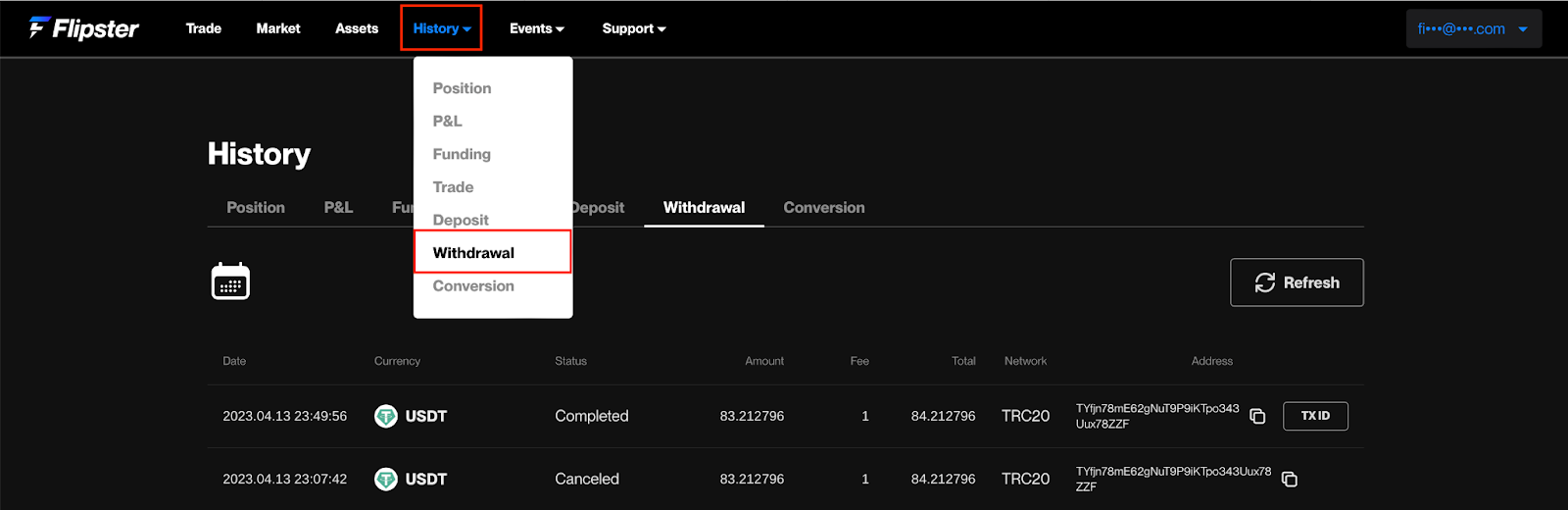 Withdrawal History